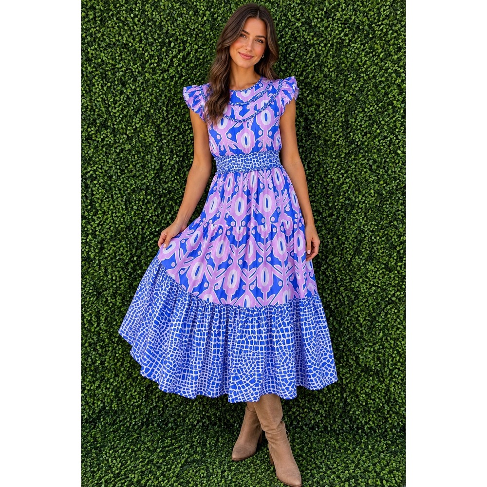 CK Bradley Pink Blue Geometric Floral Tiered Midi Dress Flutter Sleeve Small
